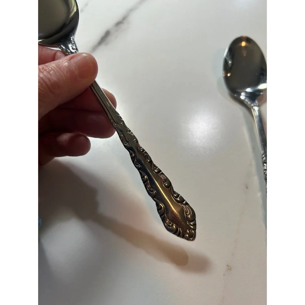 National Silver Co Illusion Stainless Set of Dinnerspoon 2 Floral Scroll Glossy